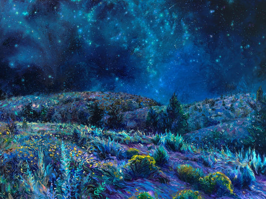 Desert Night Sky canvas print Sage and Time by Iris Scott featuring a glowing New Mexico nightscape with the Milky Way, expressive finger-painted texture, and vibrant layers of violet, gold, blue, and rose