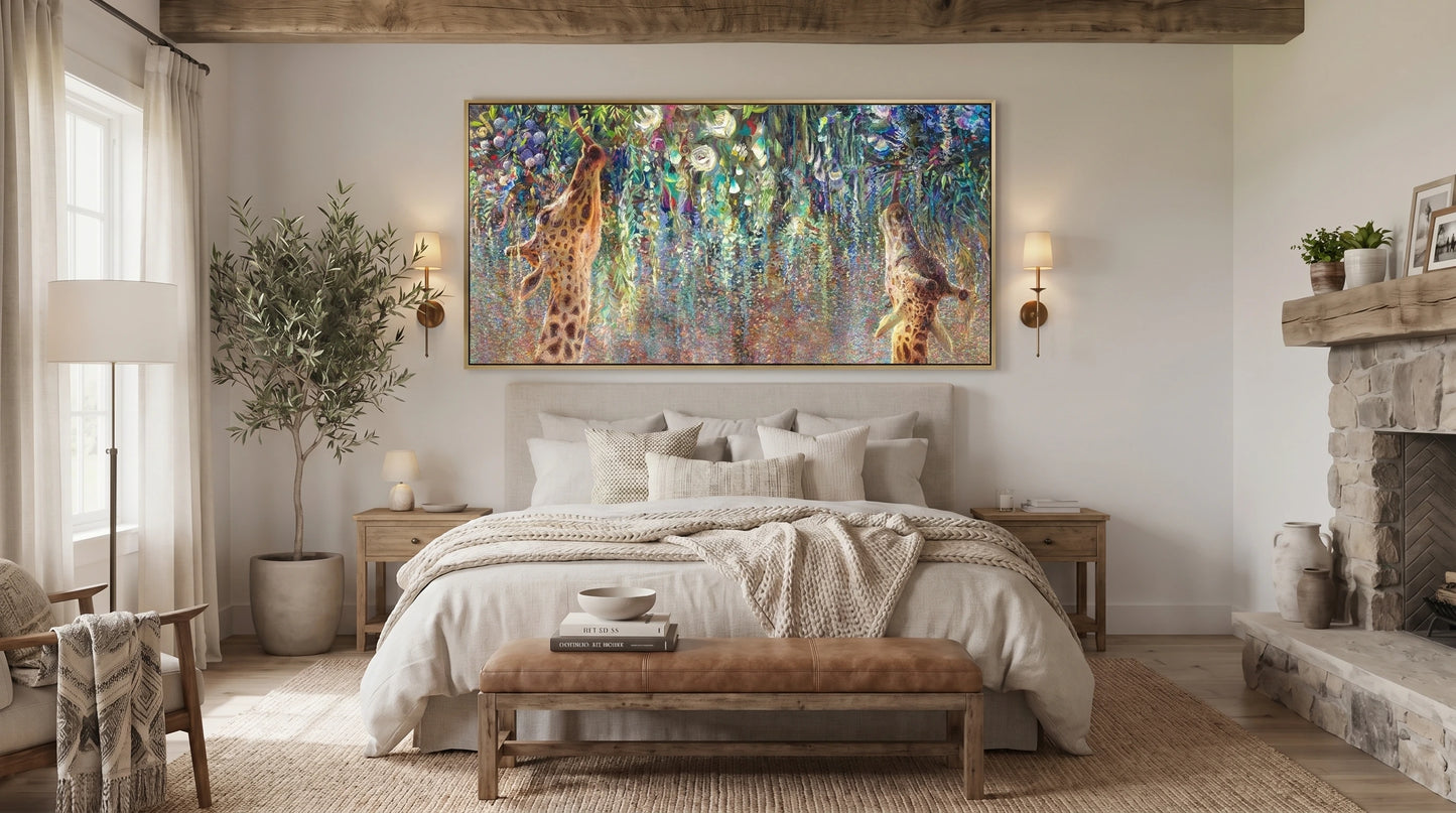 Giraffes canvas print Canopy Cornucopia by Iris Scott displayed in a modern interior setting, featuring two graceful giraffes reaching upward into lush flowering vines and vibrant botanical details