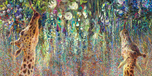 Giraffes canvas print Canopy Cornucopia by Iris Scott featuring two graceful giraffes stretching upward into lush flowering vines in a vibrant, richly detailed composition, wildlife wall art for home decor and safari-inspired spaces