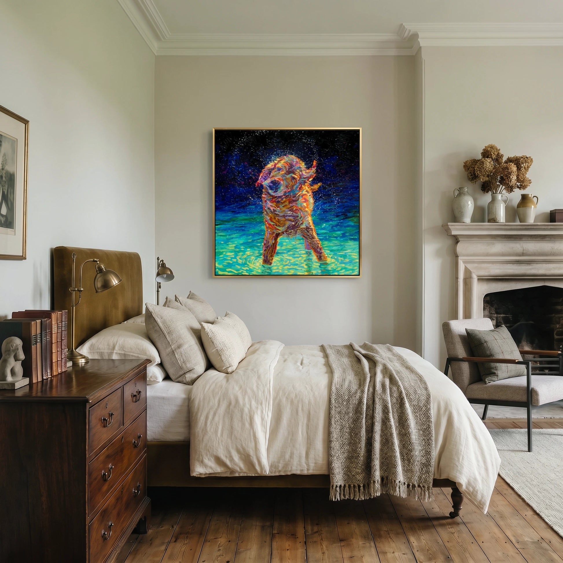 Golden Retriever canvas print Moonlight Swim by Iris Scott featuring a joyful golden retriever standing in water mid-shake under soft moonlight, expressive dog portrait wall art for pet lovers and home or office decor.