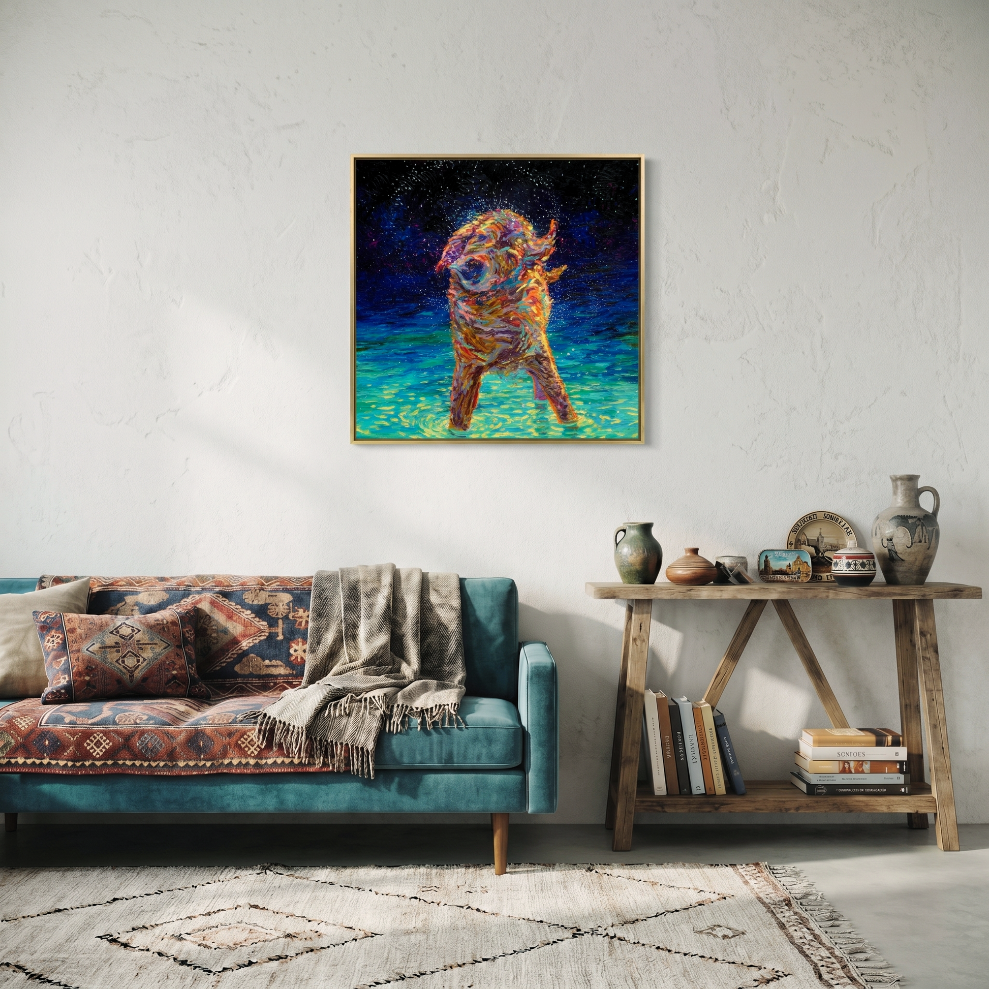Golden Retriever canvas print Moonlight Swim by Iris Scott featuring a joyful golden retriever standing in water mid-shake under soft moonlight, expressive dog portrait wall art for pet lovers and home or office decor.