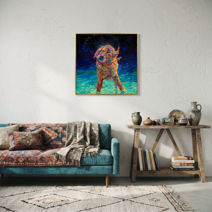 Golden Retriever canvas print Moonlight Swim by Iris Scott featuring a joyful golden retriever standing in water mid-shake under soft moonlight, expressive dog portrait wall art for pet lovers and home or office decor.