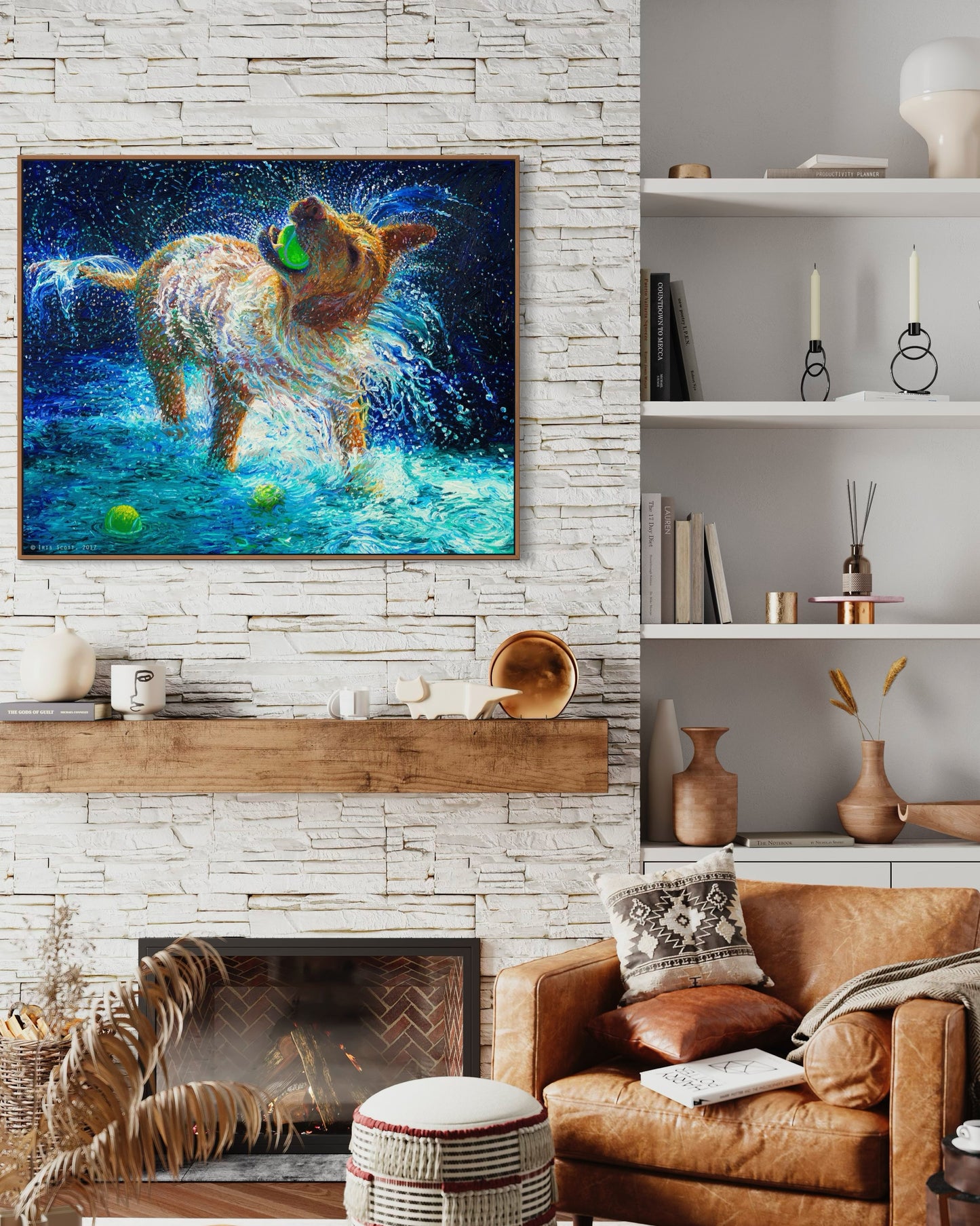 Playful Labrador canvas print The Juggler displayed in a modern living room featuring a dog holding a tennis ball while shaking off water wall art for home decor
