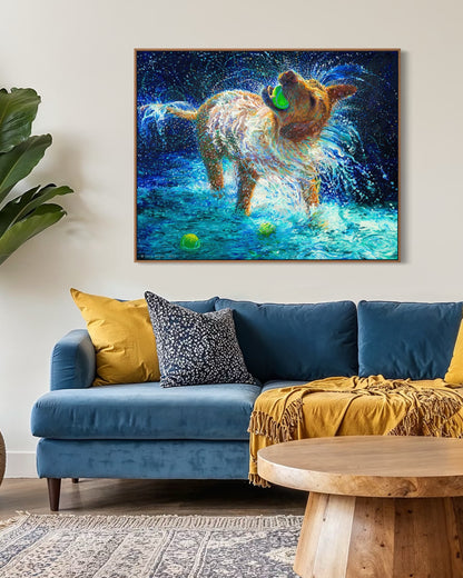 Labrador canvas print The Juggler in a bright interior space showing a playful dog with a tennis ball shaking off water stylish wall art for home or office decor