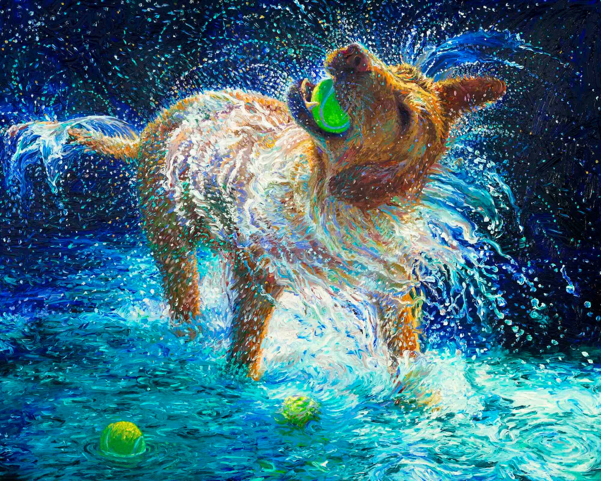 Labrador canvas print The Juggler by Iris Scott featuring a playful dog holding a tennis ball while shaking off water, energetic dog portrait wall art for home or office decor.
