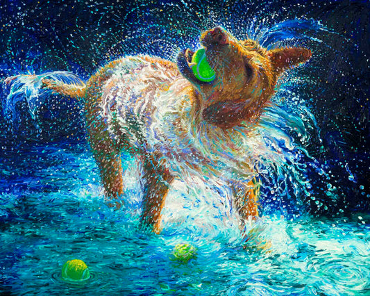 Labrador canvas print The Juggler by Iris Scott featuring a playful dog holding a tennis ball while shaking off water, energetic dog portrait wall art for home or office decor.