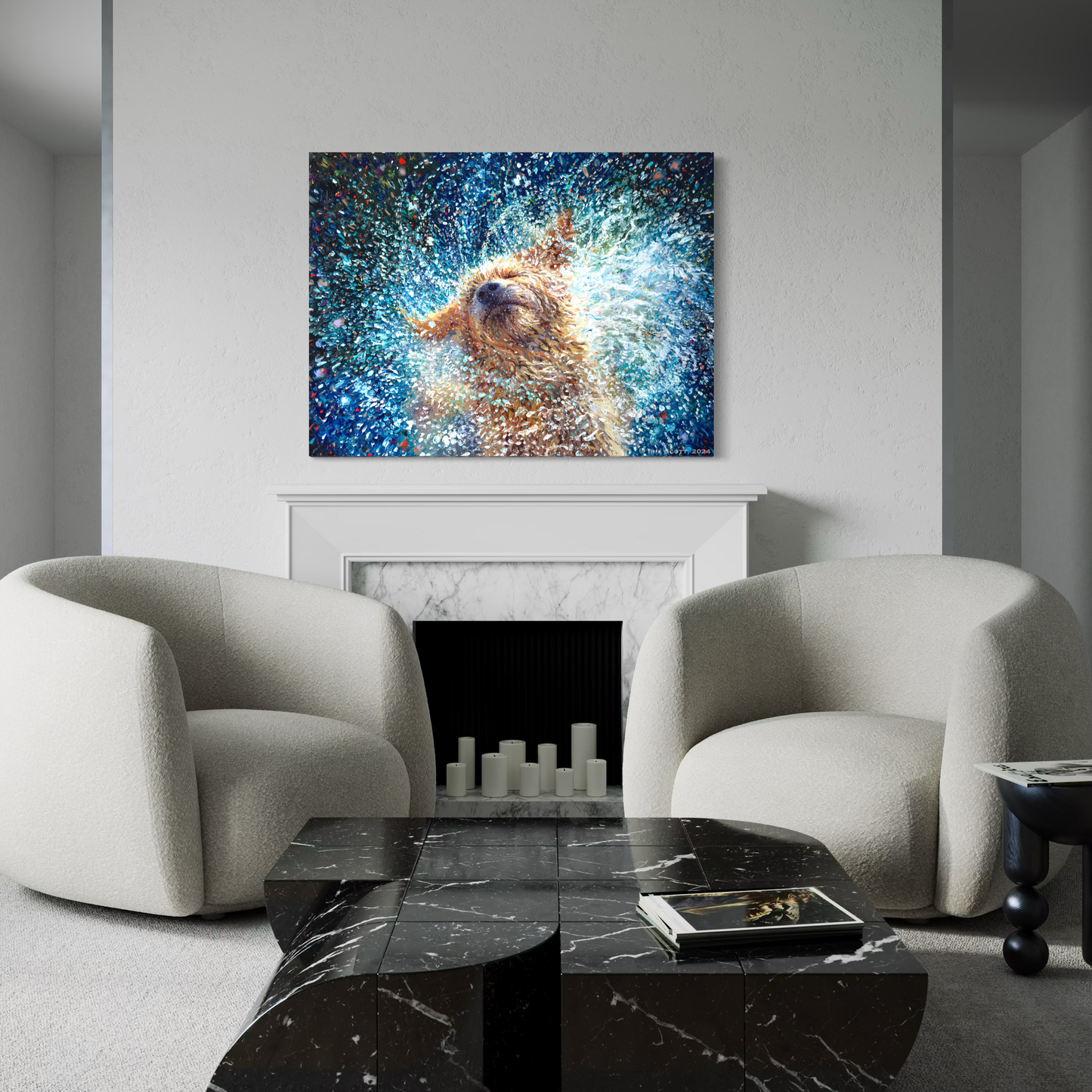 Rescued dog canvas print displayed as lifestyle wall art in a modern home setting, showing premium pet portrait canvas decor on a wall for dog lovers and interior design inspiration