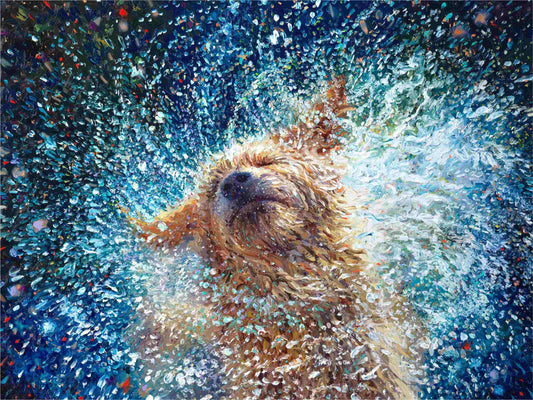 Rescued dog canvas print by Iris Scott featuring a blonde mutt mid-shake with eyes closed in a joyful moment, expressive pet portrait wall art on premium canvas celebrating a rescue dog in his forever home.