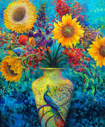 Sunflower and exotic floral arrangement bursting from a luminous vase adorned with a majestic peacock, vibrant canvas print set against a swirling blue and aquamarine background with rich tones of gold, red, purple, and green.