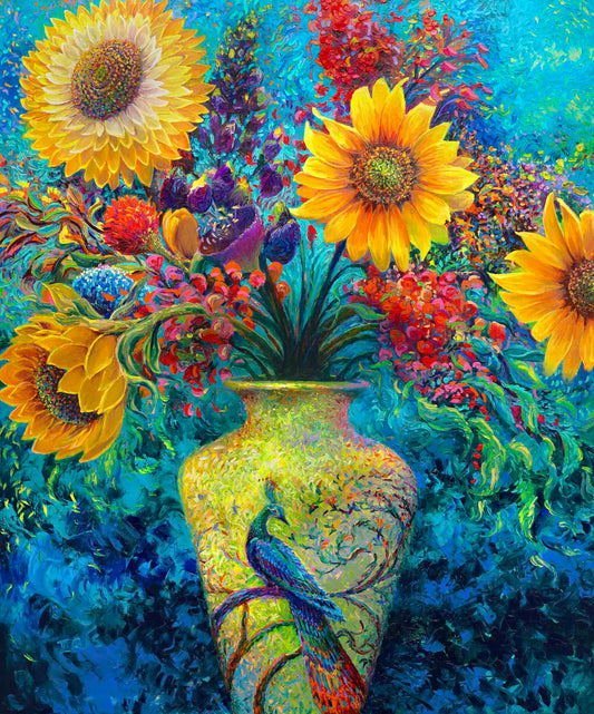 Sunflower and exotic floral arrangement bursting from a luminous vase adorned with a majestic peacock, vibrant canvas print set against a swirling blue and aquamarine background with rich tones of gold, red, purple, and green.